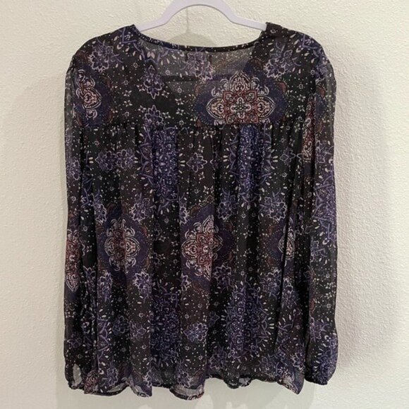 Maurices Dark Ruffle Semi Sheer Blouse Boho Western Feminine Puff Sleeve - Picture 7 of 7